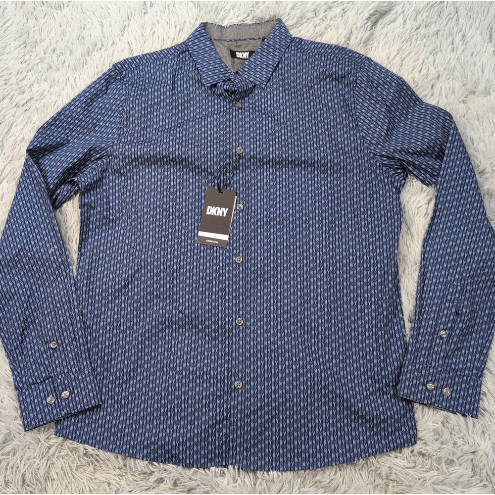 DKNY Shirt Mens L Blue Button Up Career Preppy Stretch Spellout New
